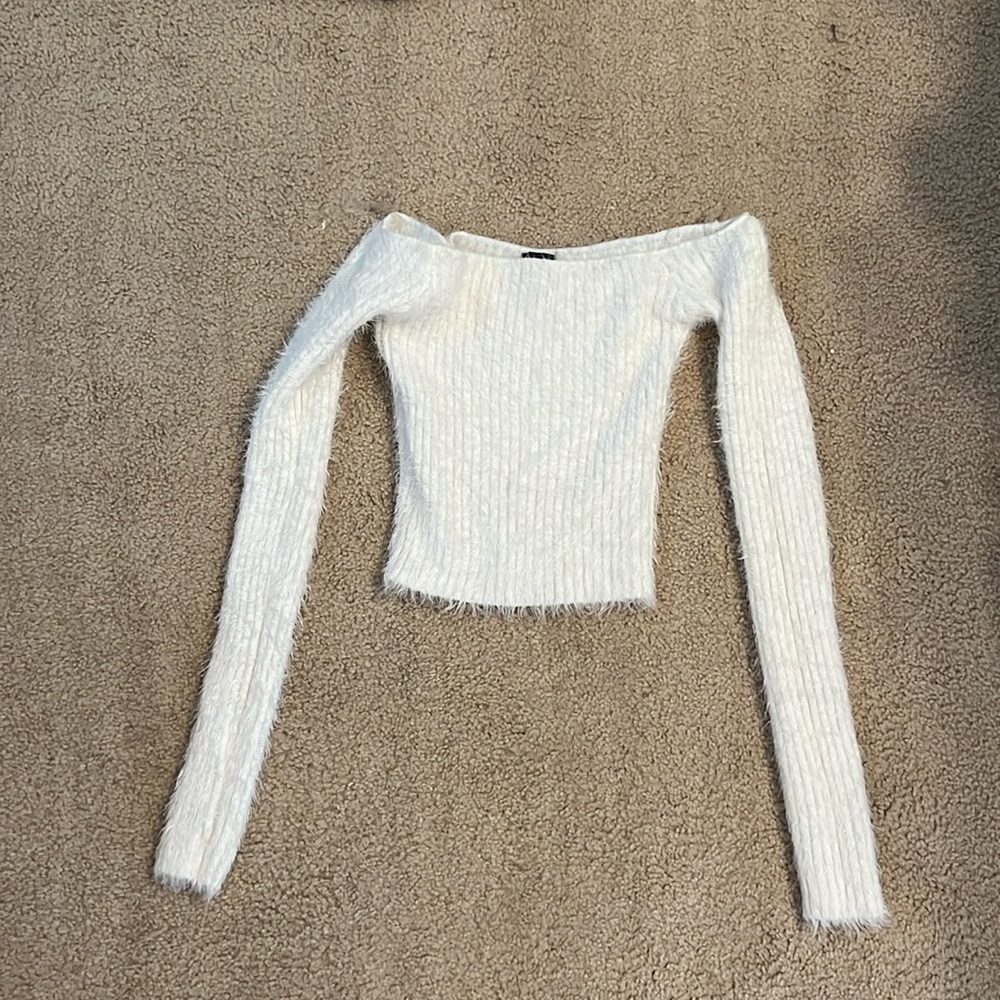 Off-the-shoulder white fuzzy top